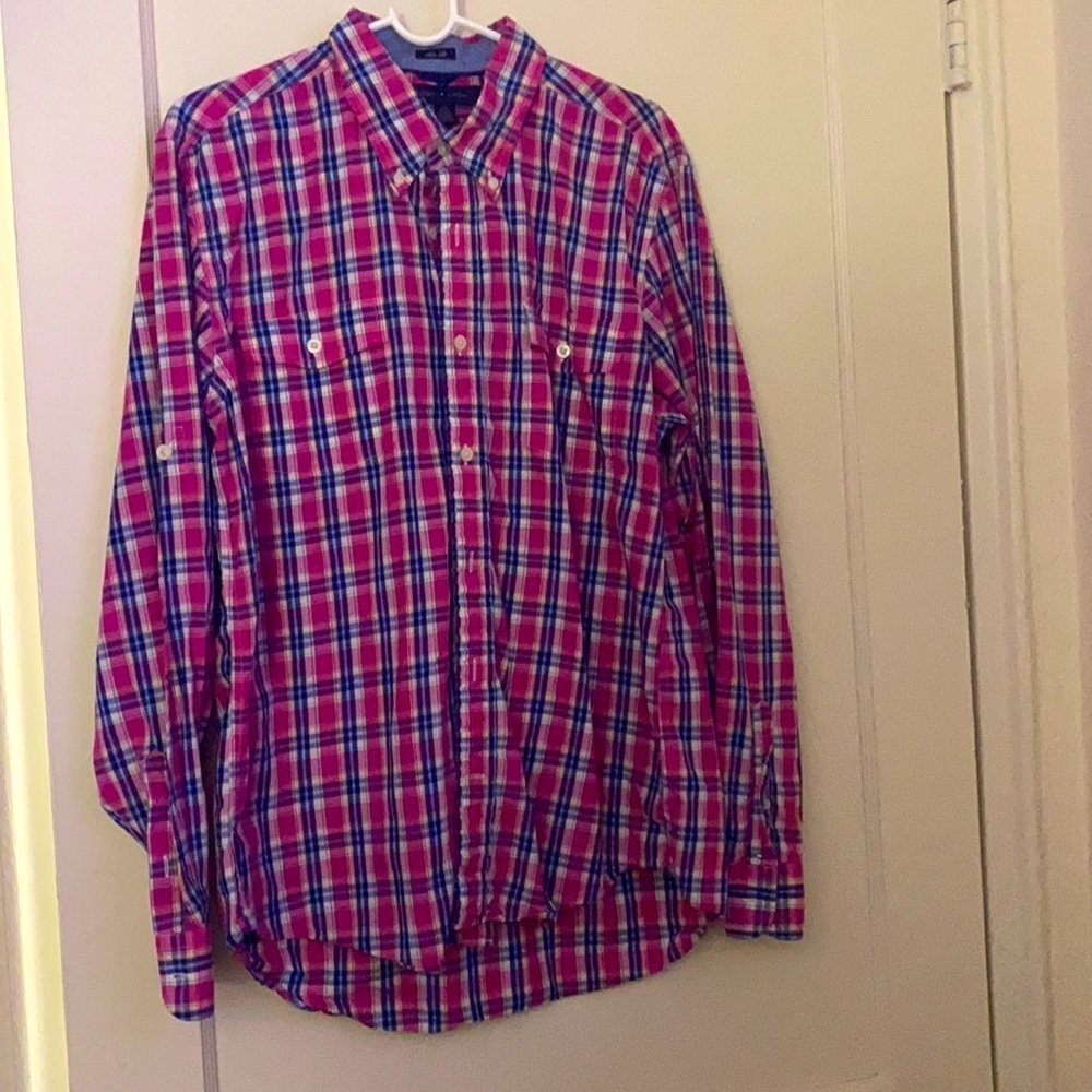 tommy hilfiger pink button down slim fit size: L